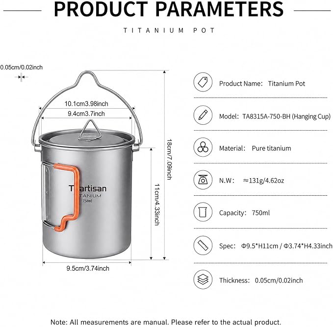 Ti Artisan Titanium Pot — 750ml Lightweight Camping Pot & Hanging Cup